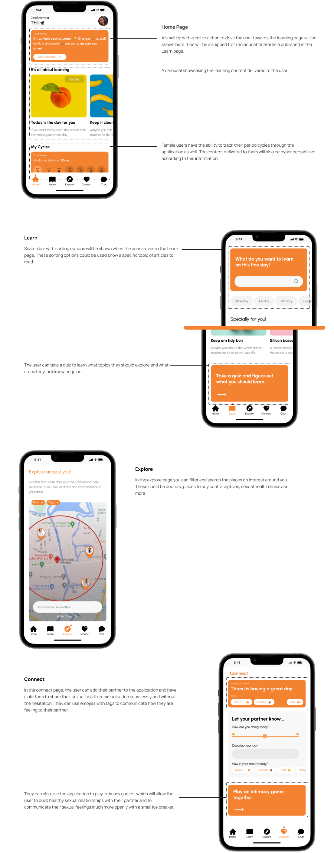 Design explanations for the main screens of the application along with device mockups
